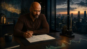 Trader calvo con barba corta revisando un nuevo plan disciplinado antes de volver al mercado Forex.