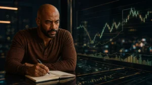 Hombre calvo con barba corta analizando la estructura del mercado y documentando su plan de trading.