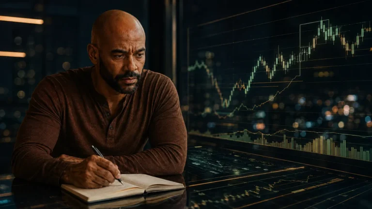 Hombre calvo con barba corta analizando la estructura del mercado y documentando su plan de trading.