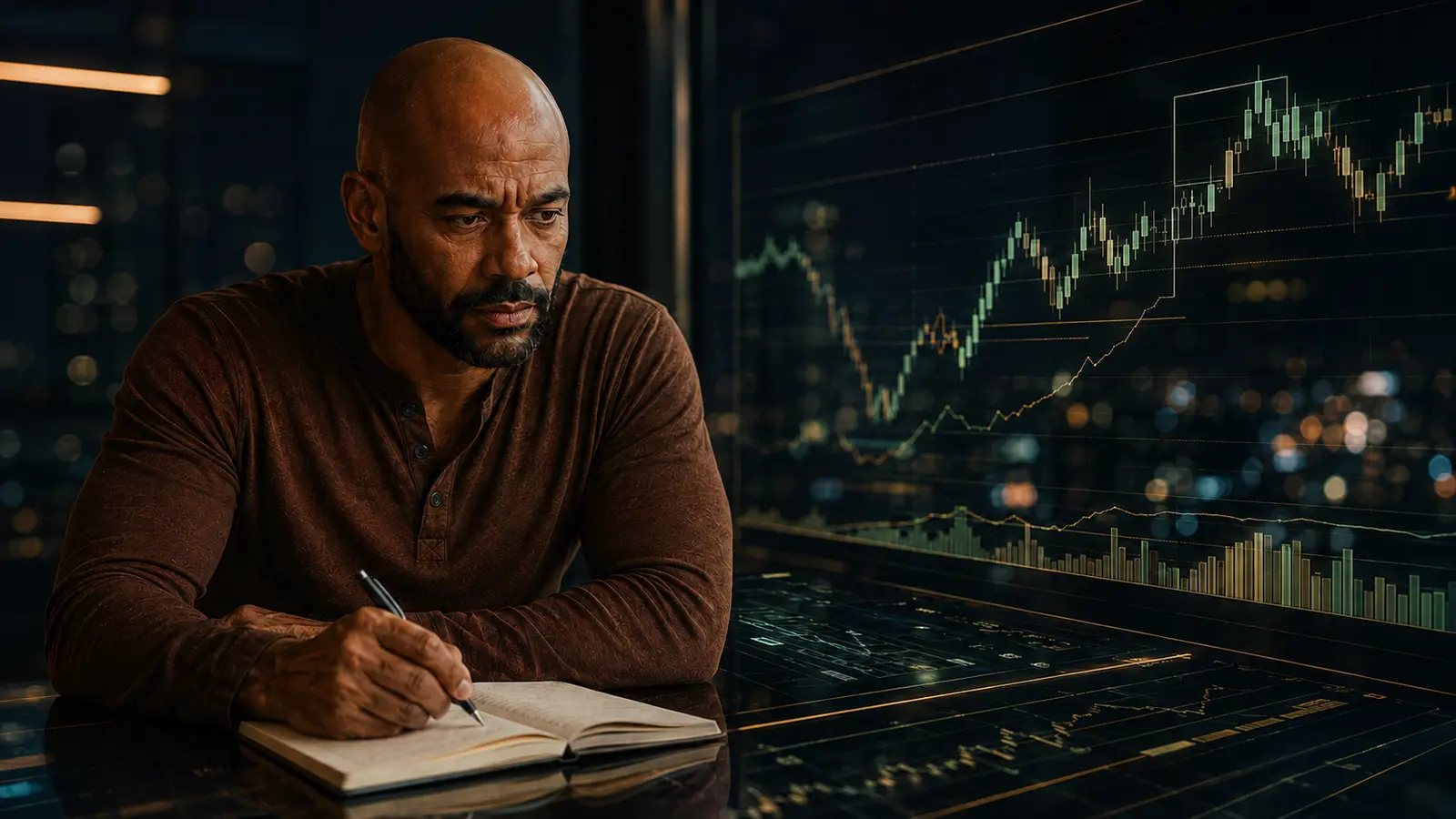smc-trading-riesgo-psicologia Hombre calvo con barba corta analizando la estructura del mercado y documentando su plan de trading.